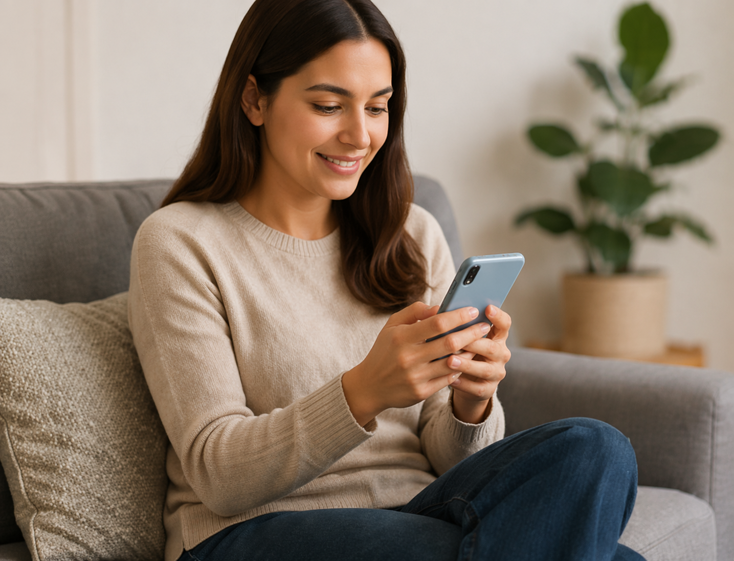 Person at home on a sofa using a smartphone to manage their car deal — replace via Image Manager